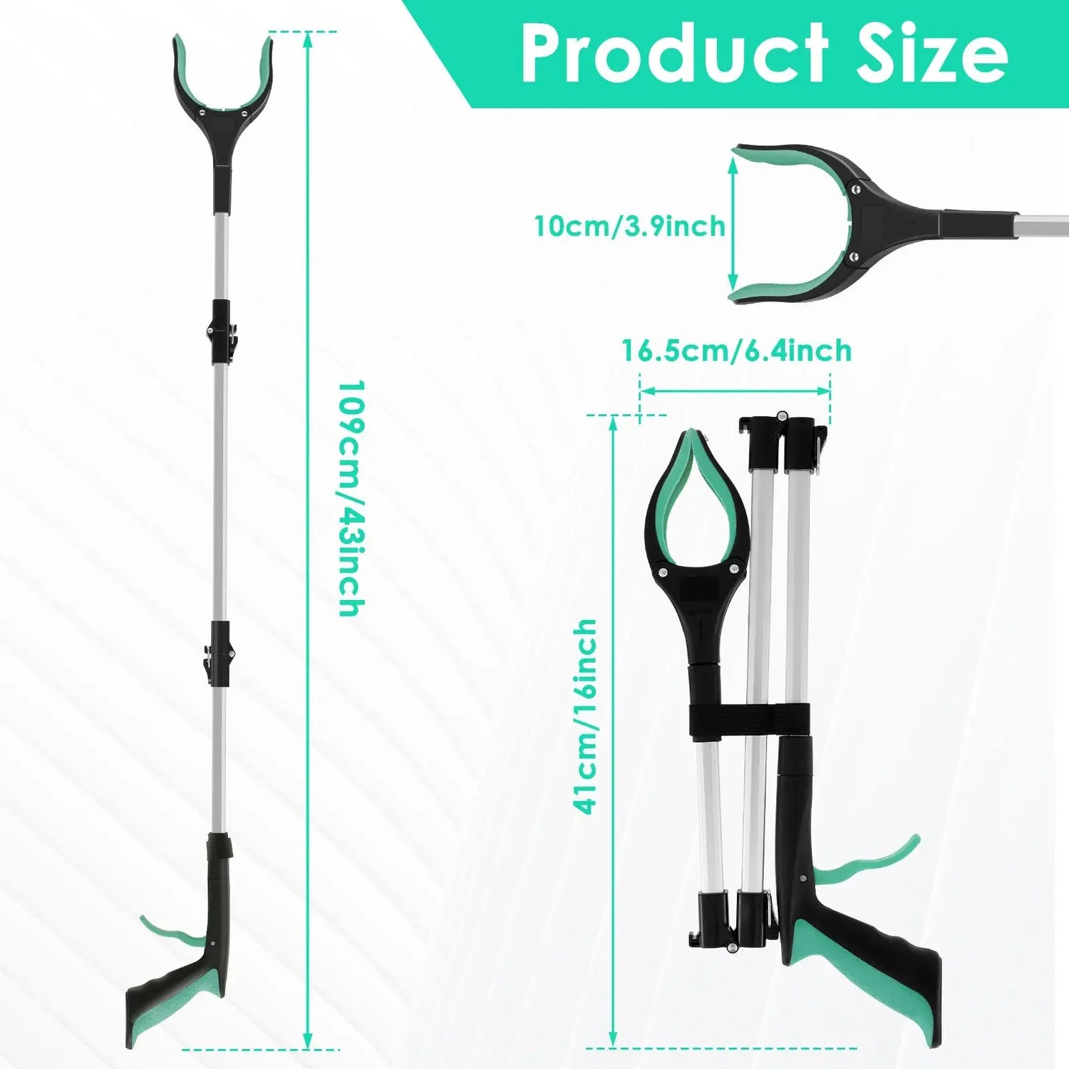 A graphic of a silver and black Soulful Trading Foldable Grabber with 360° Swivel Clip tool with an ergonomic handle, showing dimensions, with side and expanded views labeled with measurements in centimeters and inches.