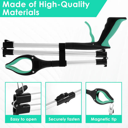 A graphic showcasing a Soulful Trading Foldable Grabber with 360° Swivel Clip, with features labeled: ergonomic handle, securely fasten mechanism, and magnetic point.