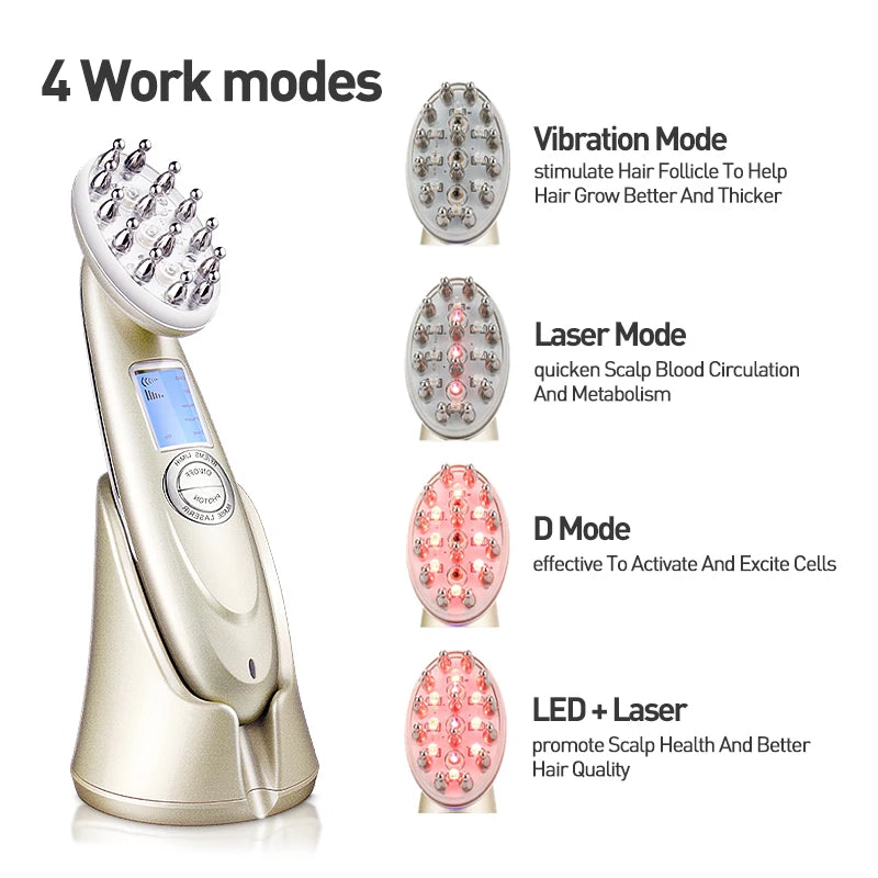 A handheld Hair Revive 30 Days Hair Growth device designed for enhancing scalp health, with four work modes displayed: vibration, quicken circulation, laser, and led + laser, each with an illustration of its function on the scalp. Brand Name: Soulful Trading