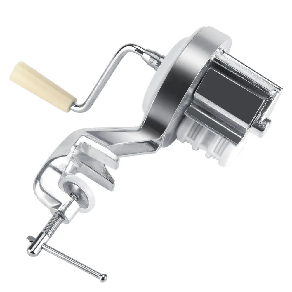 Authentic Cavatelli Pasta Maker with a clamp, featuring a chrome finish and a beige handle, isolated on a white background. (Brand: Soulful Trading)
