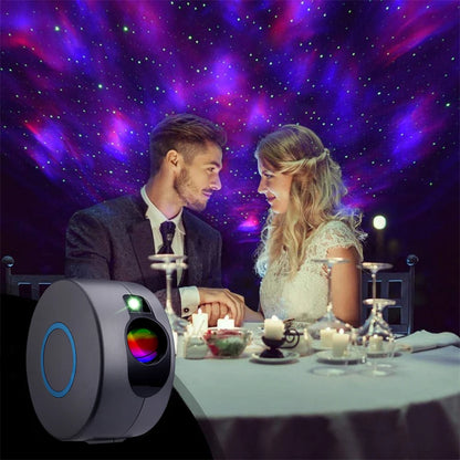 A couple gazing at each other at a candlelit table with a voice-controlled Soulful Trading Galaxy Projector displaying a starry sky as the background.