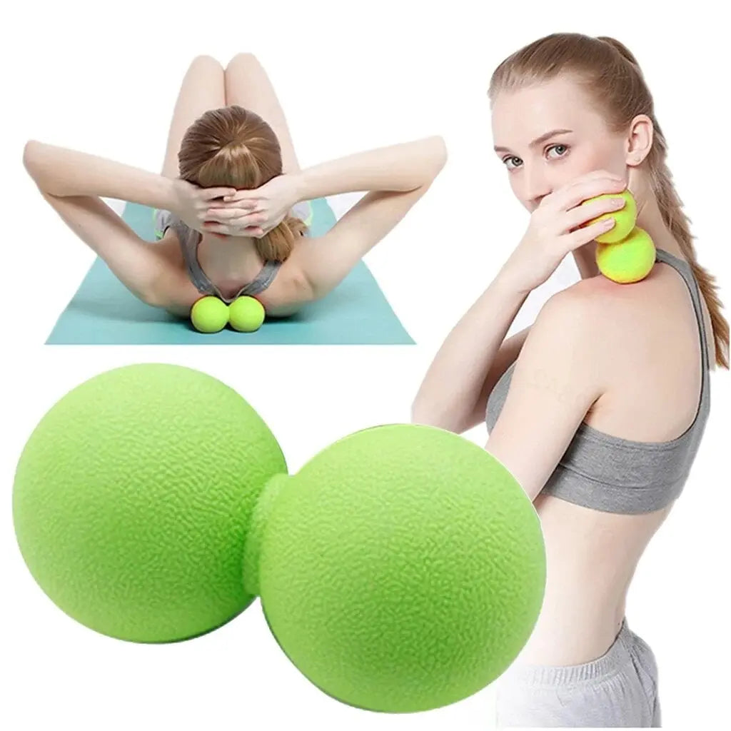 Collage of a woman using Fitness-8 Textured Peanut Rollers for fitness and therapy, with a close-up of the balls and the woman demonstrating use on her back and neck.