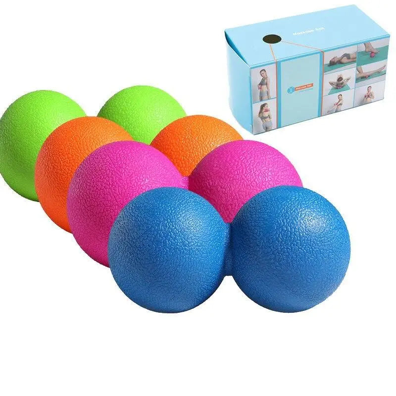 Six colorful Fitness-8 Textured Peanut Rollers in orange, green, pink, and blue, arranged in a row on a white background, with packaging visible in the background—ideal for muscle recovery.