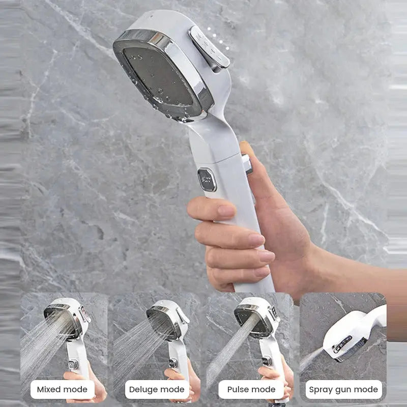 A Soulful Trading 4-Mode Handheld Pressurized Shower Head depicted in four settings—mixed, deluge, pulse, and spray gun mode—against a gray tiled background.