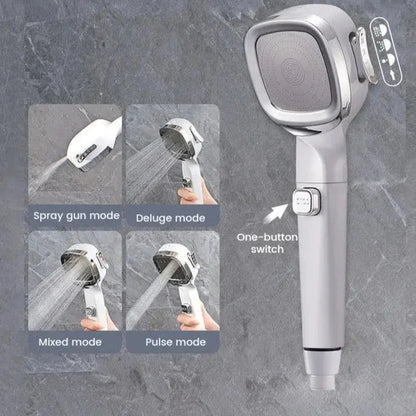 4-Mode Handheld Pressurized Shower Head by Soulful Trading showcased against a gray background with image insets demonstrating different spray settings: spray gun, deluge, mixed, and pulse modes.