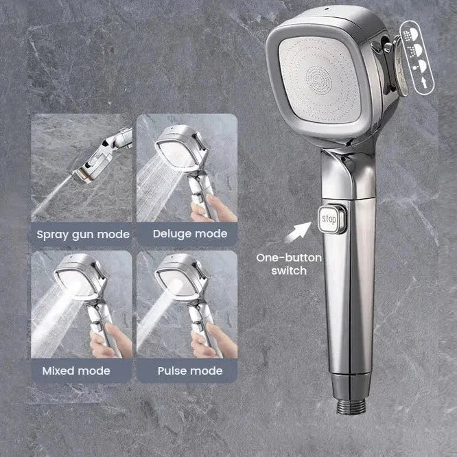 A Soulful Trading 4-Mode Handheld Pressurized Shower Head displayed with icons illustrating its functions, including spray gun, deluge, mixed, and pulse modes, plus a one-button switch feature.