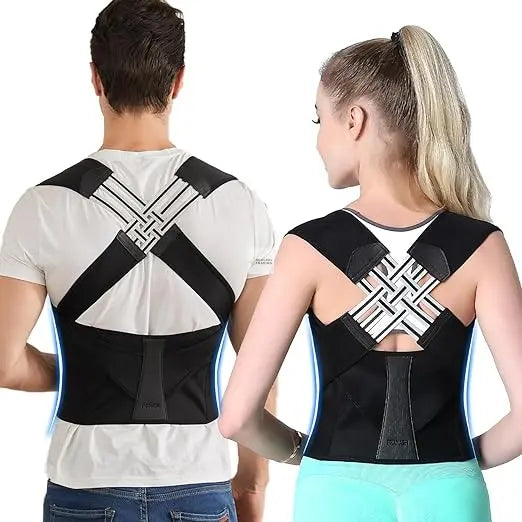 A man and a woman stand back-to-back, each wearing a Soulful Trading Instant Posture Brace for spine alignment.