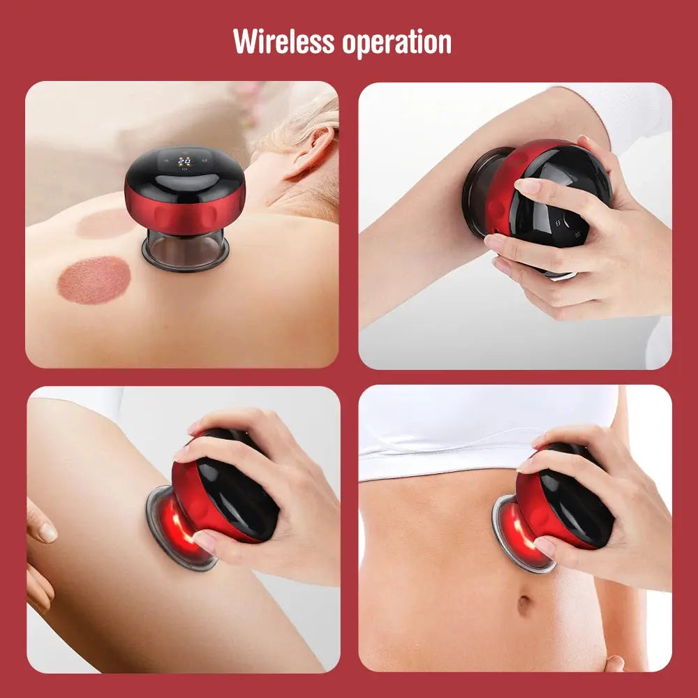 A collage of four images demonstrating the use of a wireless red and black Soulful Trading Smart Cupping Massager on various parts of the human body, labeled &quot;wireless operation.