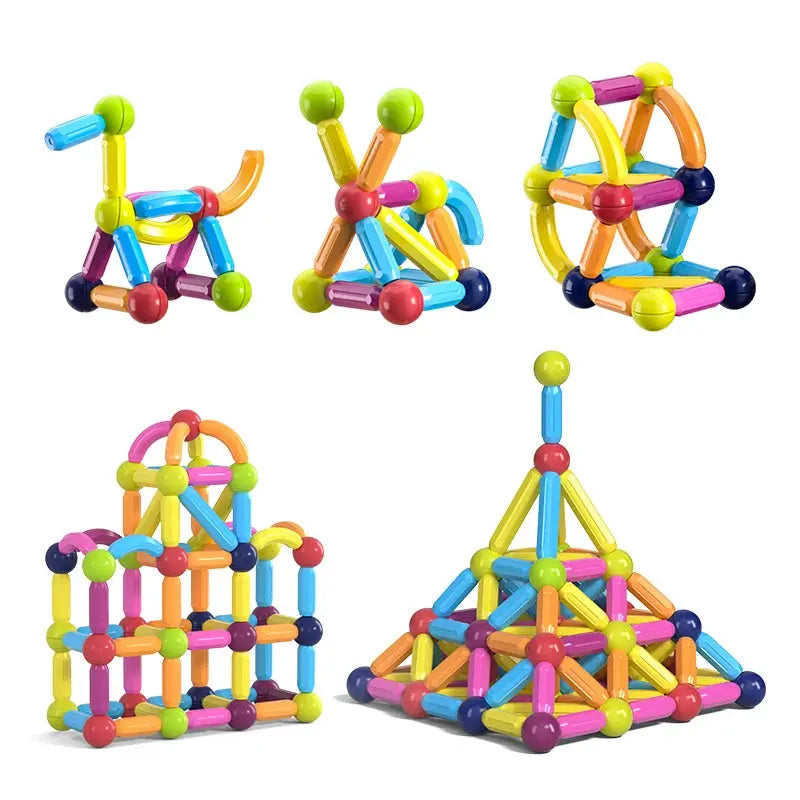 Colorful Soulful Trading magnetic sticks building blocks in various geometric shapes, including a bicycle, windmill, sphere, and pyramids, against a white background.