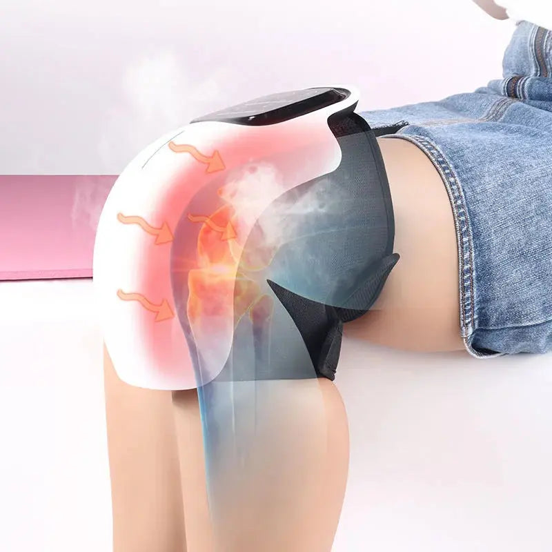 A graphic showing a person wearing a black hip brace with a transparent overlay illustrating pain points and therapy spots on the hip, upper thigh, and knee for joint pain relief using the Knee Pain Relief Massager by Soulful Trading.