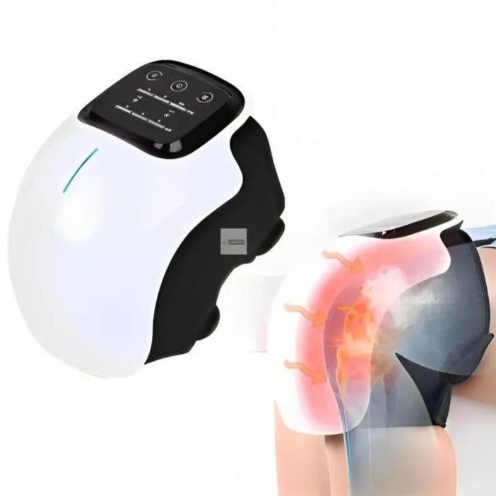 A Soulful Trading Knee Pain Relief Massager with a digital screen on a white background, depicted next to an illustration showing infrared-laser therapy for knee pain relief.