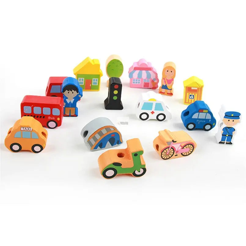 Assorted wooden Soulful Trading Montessori Large Particle Beaded Toys for Kids, featuring buses, cars, houses, and figures set against a white background.
