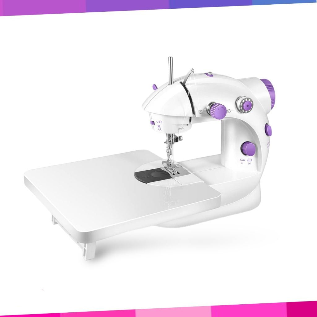 White and purple Soulful Trading household sewing machine with an extension table attachment on a plain background.