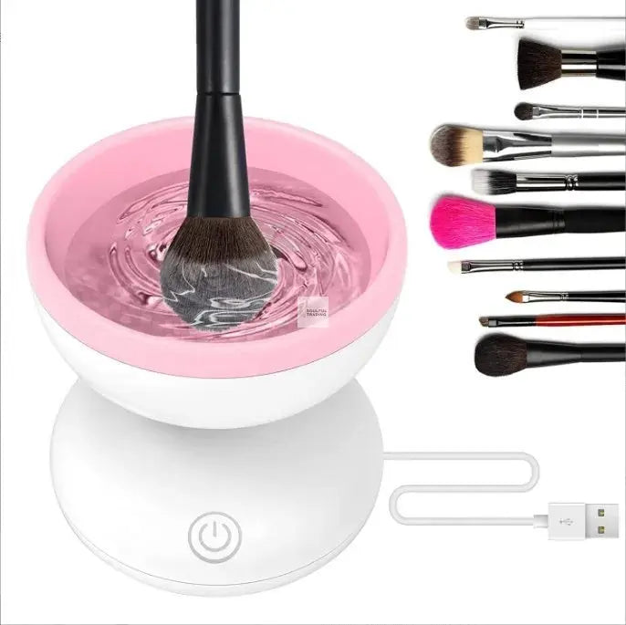 Deep cleaning Soulful Trading makeup brush cleaner with various brushes displayed, featuring a spinning brush in a pink water bowl connected to a white USB-powered base.