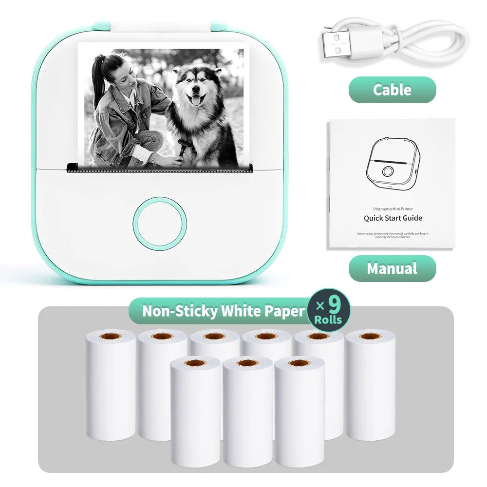 Portable Soulful Trading Inkless Pocket Printer with displayed black and white image of a woman and a dog, including USB cable, a manual, and nine rolls of non-sticky white paper.
