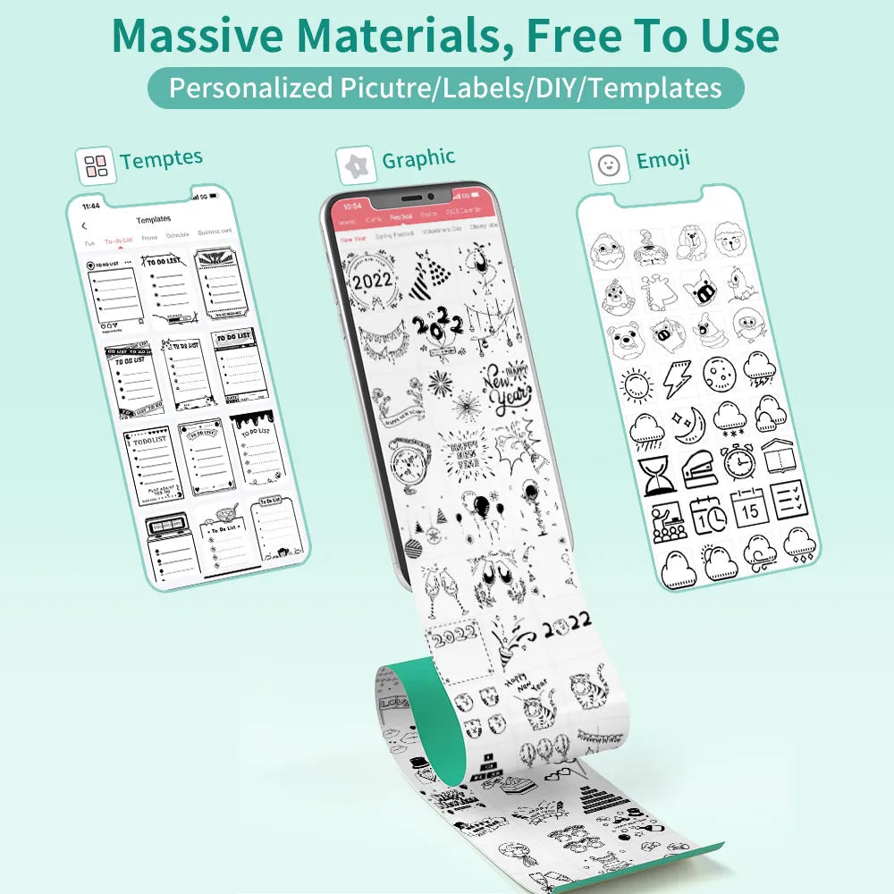 Three smartphones displaying features of a design app with templates, graphics, and emojis for creating personalized labels and DIY templates, compatible with a Soulful Trading Inkless Pocket Printer for printing anywhere.