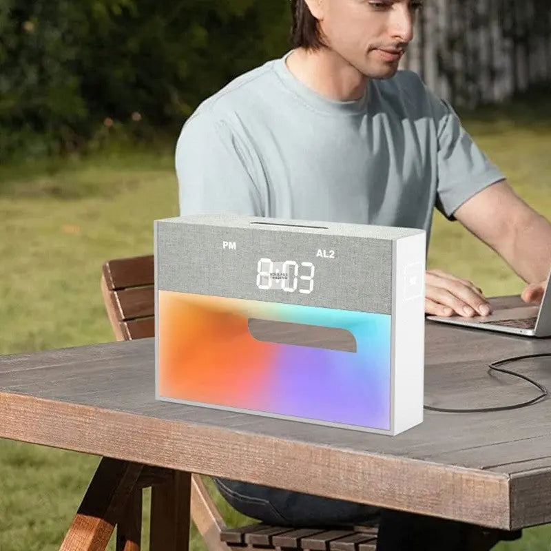 Man using a laptop at an outdoor table with a modern digital clock and a Soulful Trading Wireless Charging Station for Qi-enabled gadgets beside him.