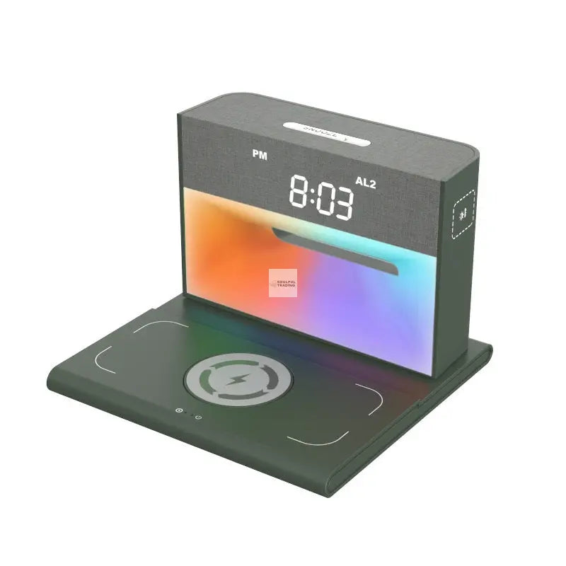 Modern Soulful Trading Wireless Charging Station with Qi-enabled wireless charging pad, displaying the time as 8:03 and ambient lighting on the screen.