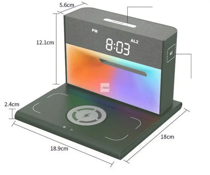 Modern Wireless Charging Station with Qi-enabled wireless charging pad and phone display, showing dimensions and time in a 3D illustration by Soulful Trading.