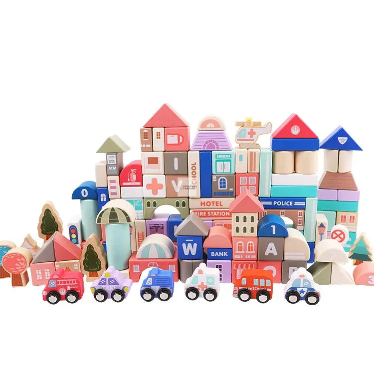 Colorful Soulful Trading Montessori Large Building Blocks Toy shaped like buildings, vehicles, and trees set against a white background, representing a toy cityscape.