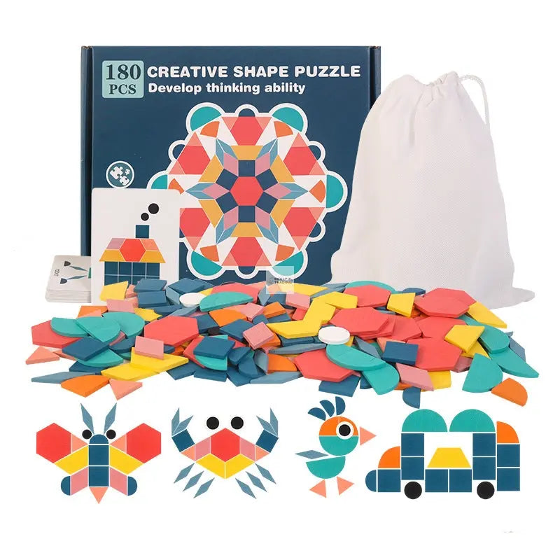 A Soulful Trading Montessori Wooden Puzzle Educational Set with 180 colorful geometric pieces displayed with examples of possible arrangements and its packaging.