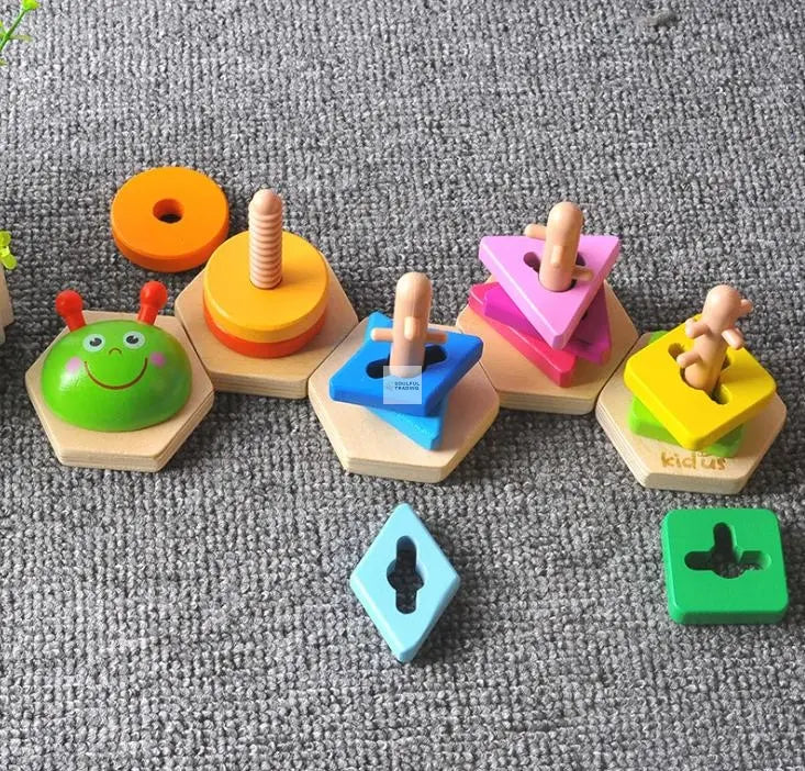 Colorful wooden educational toys, including Soulful Trading Montessori Wooden Shape Sorting Stacking Puzzle and shape sorters, on a gray fabric surface.