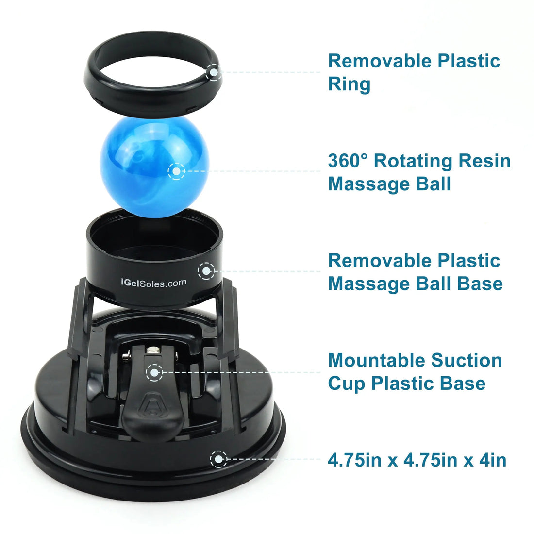 Rotating resin Mountable Massage Ball Roller with a removable plastic ring, designed for deep tissue massage and mounted on a suction cup base, labeled with dimensions and website URL. Created by Soulful Trading.