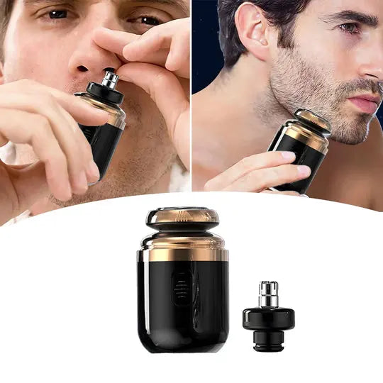 A man using a black and gold Soulful Trading Multifunction Capsule Razor, shown in use and as a standalone product with interchangeable heads.