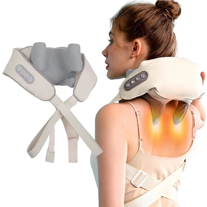 Woman wearing a Soulful Trading Neck &amp; Shoulder Massager demonstrating its use and relaxation benefits, isolated on white background.