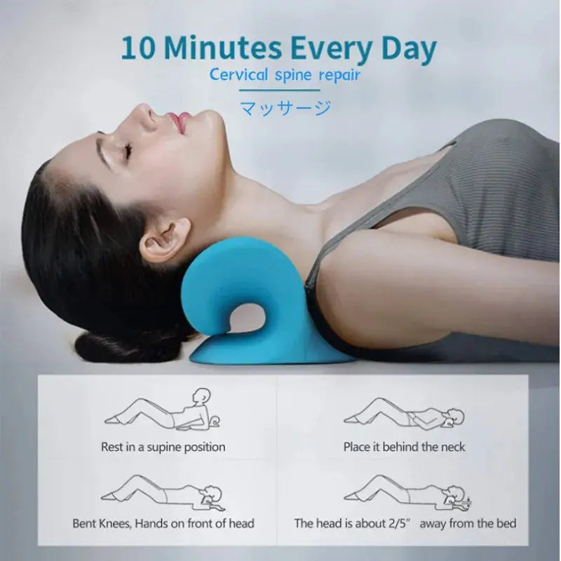 Woman using a blue Soulful Trading Cervical Neck Pillow while lying down, with instructional steps below for proper usage.