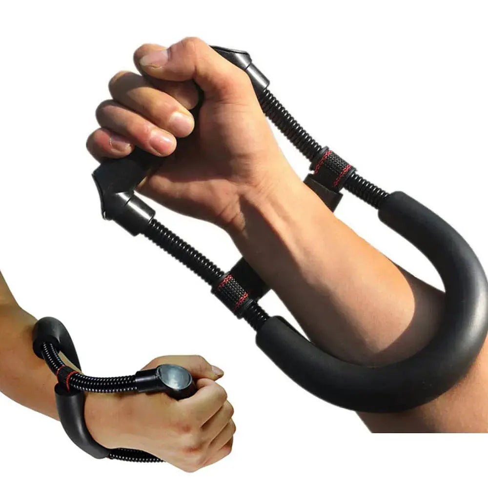 Two hands using a Soulful Trading Strength Arm &amp; Wrist Exerciser with a coiled resistance cable.