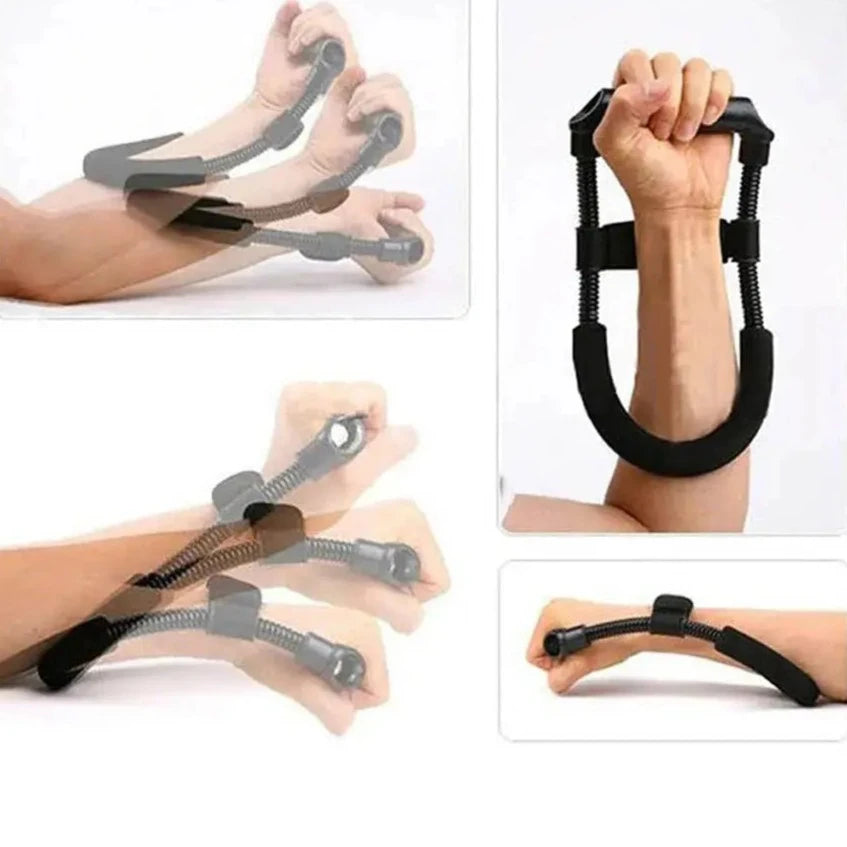 Collage of a hand using a Soulful Trading Strength Arm &amp; Wrist Exerciser with adjustable resistance, shown in various positions to demonstrate grip and usage for strengthening weak wrists.