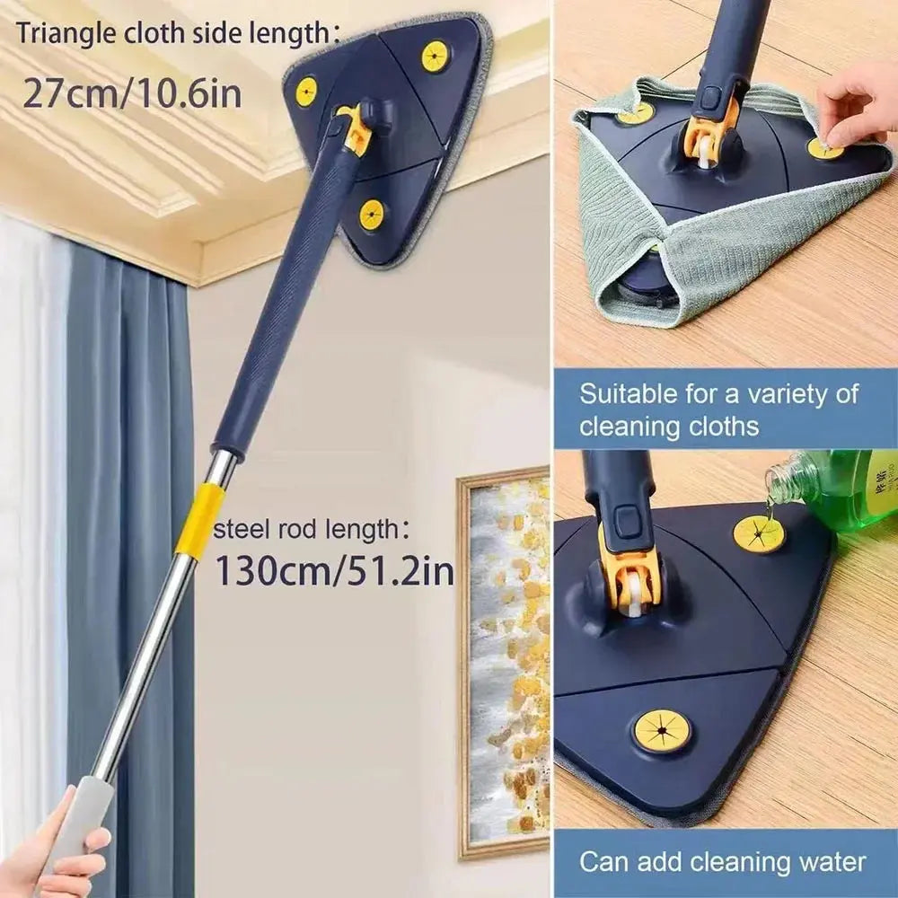 A triangular mop with the 360° Rotatable Adjustable Cleaning Mop handle and a versatile head compatible with various cleaning cloths, ideal for efficient house cleaning.