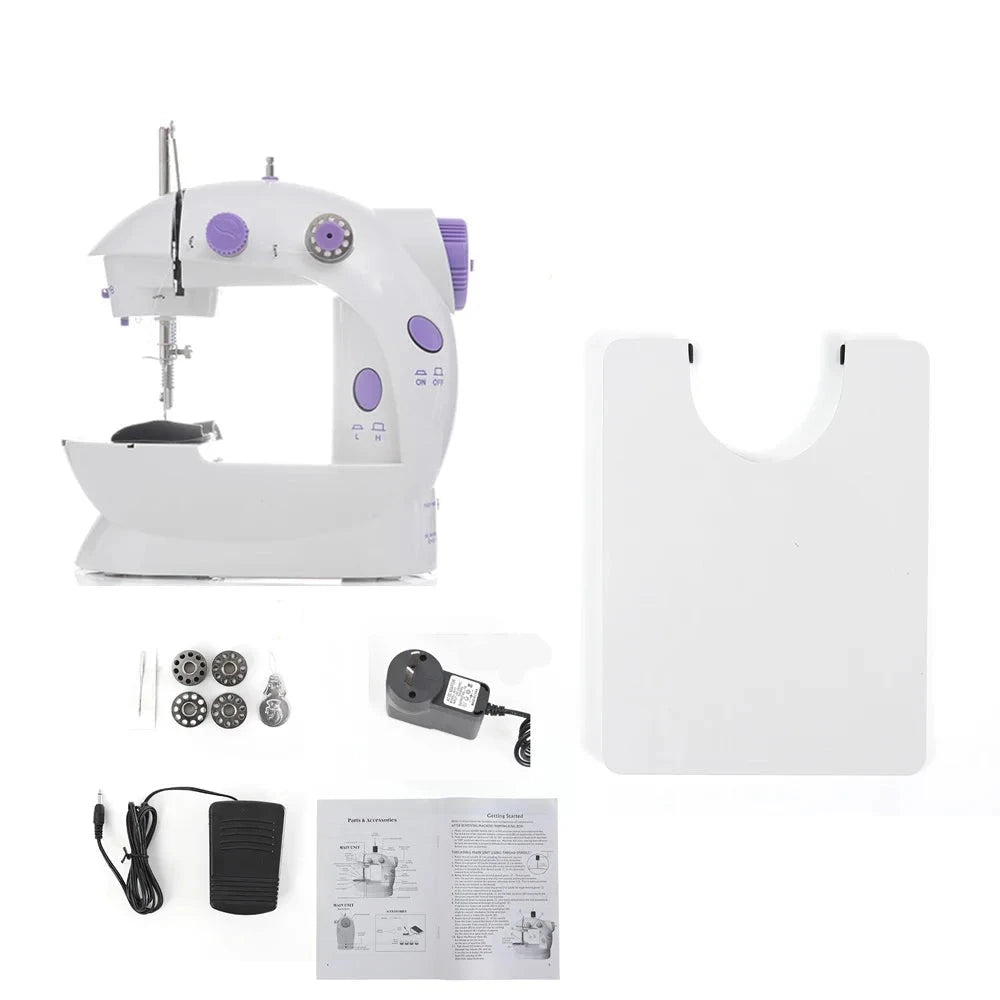 Mini Soulful Trading household sewing machine with accessories, including bobbins, foot pedal, power adapter, and instruction manual, displayed on a white background.