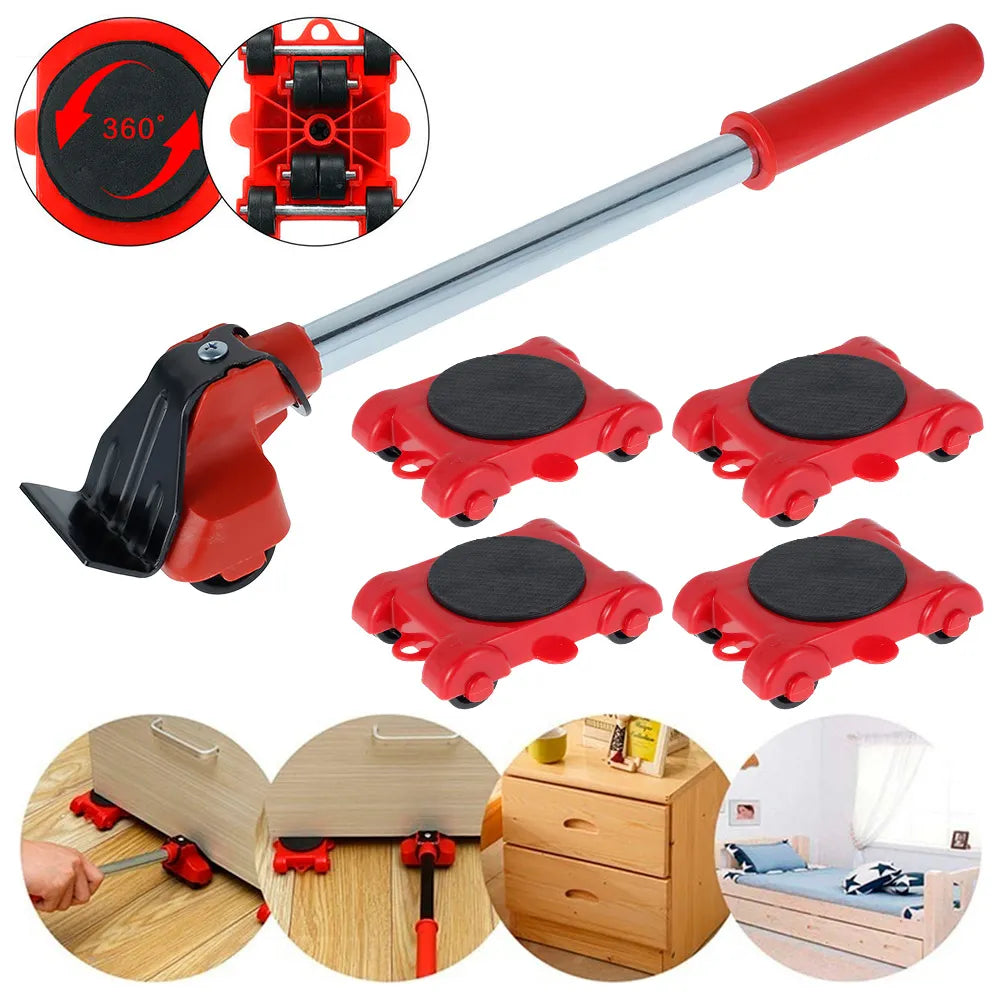 Soulful Trading Furniture Mover and sliders set for heavy items, featuring a red and black ergonomic furniture tool and four red wheeled corner pads, with demonstration images of use on flooring.