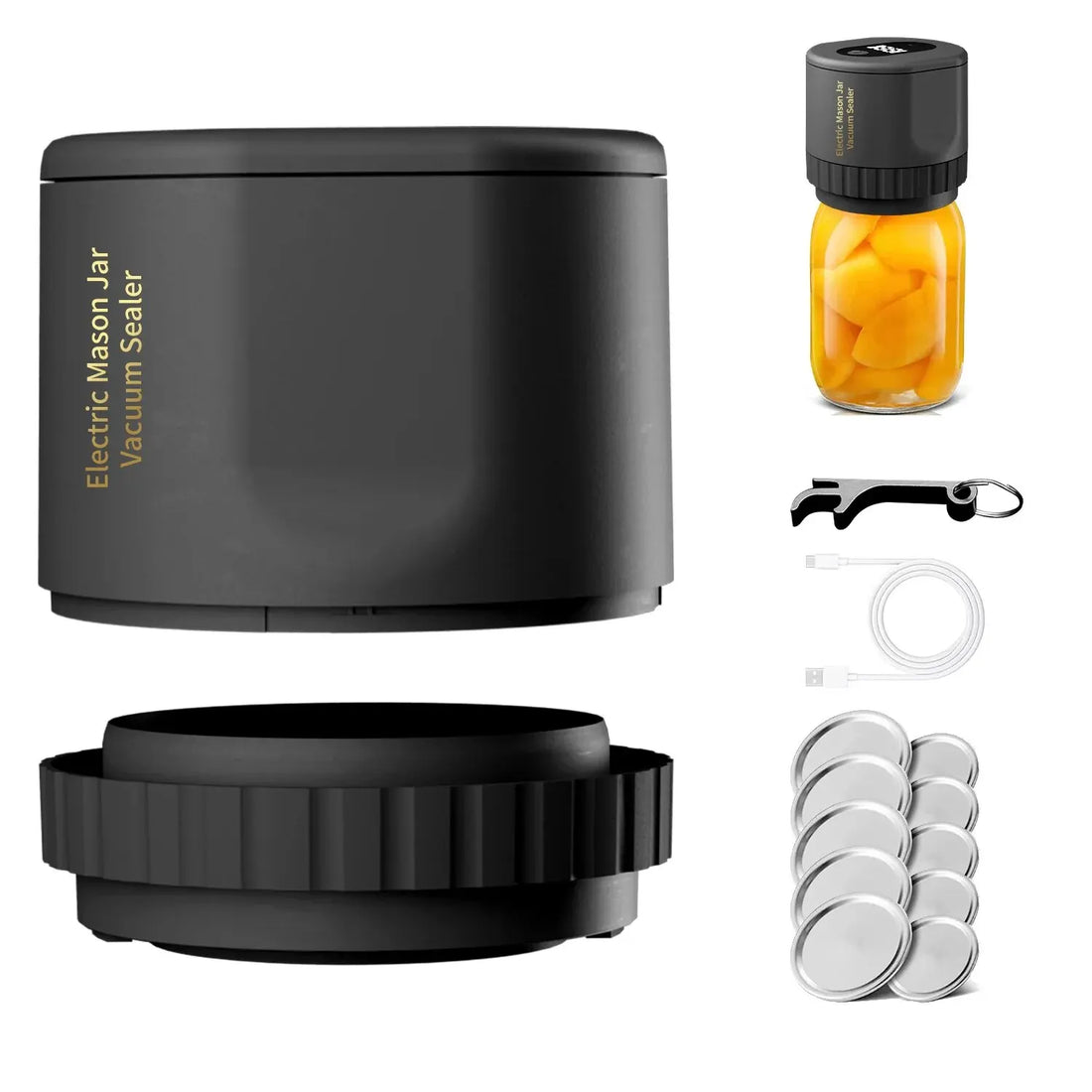 Soulful Trading Electric Mason jar vacuum sealer with accessories including a handheld pump, jar with preserved food, seal freshness caps, and connecting hose.