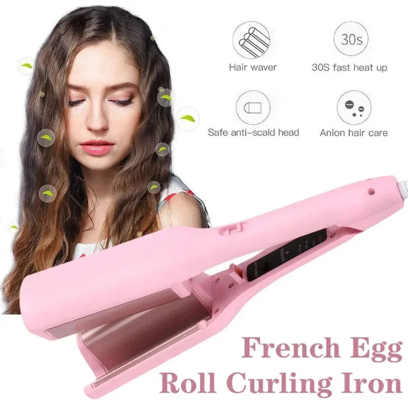 A woman with wavy hair alongside a pink Soulful Trading Wave Hair Curling Iron with adjustable temperature, highlighting features like safety and fast heating.
