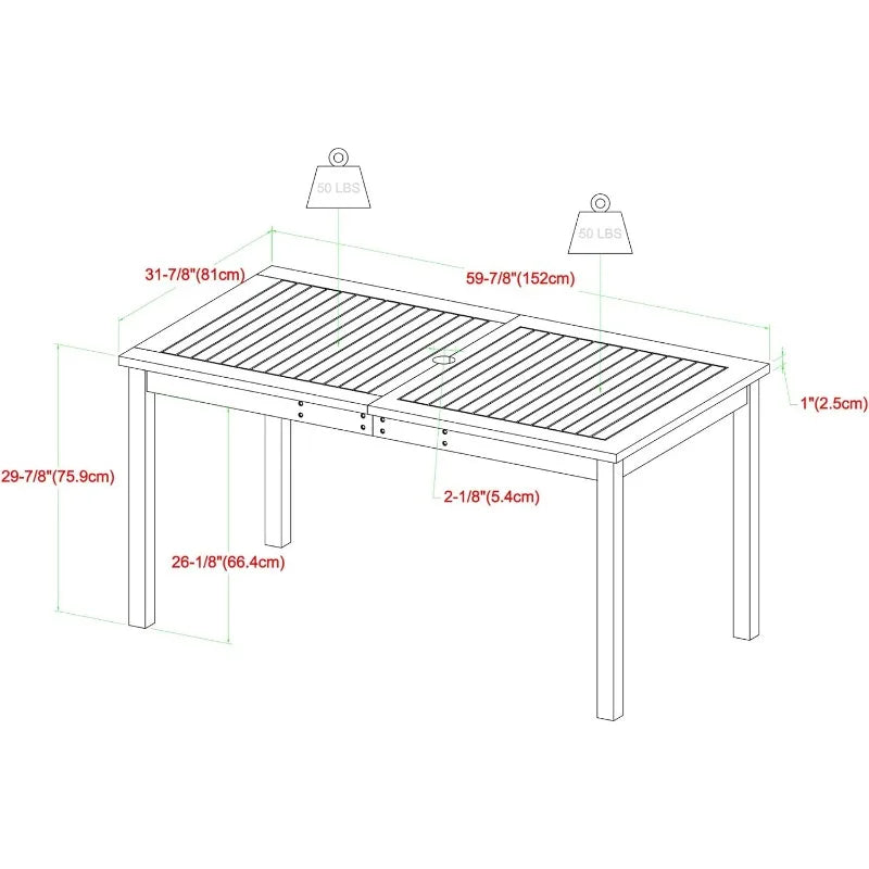 Technical drawing of a Walker Edison Crosswinds Patio Dining Table made from acacia wood, featuring rectangular slatted design with annotated dimensions, showing weight capacity on top and leg measurements.