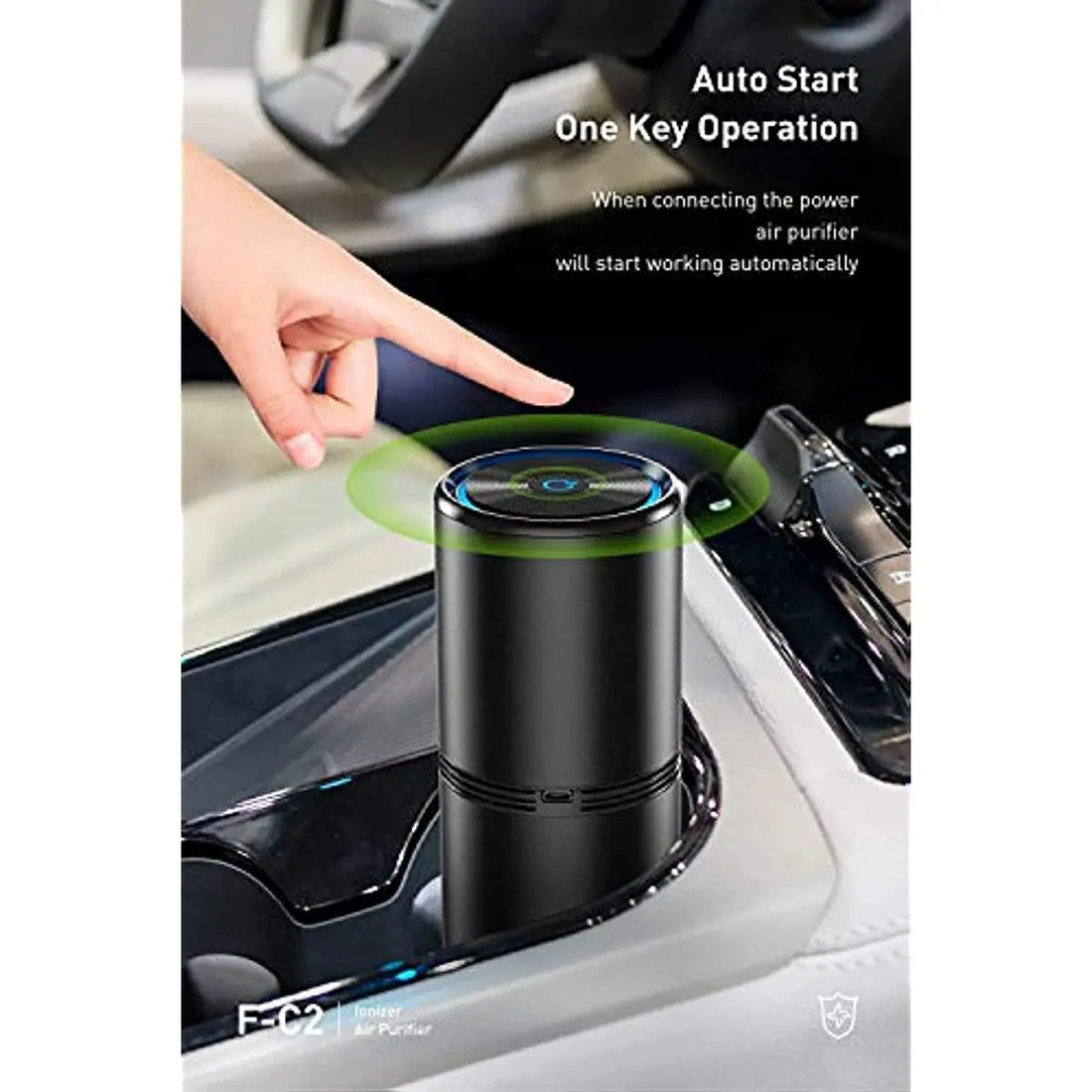 A portable black Ionic Air Purifier designed to improve indoor air quality, operating in a car cup holder, with a power-on illuminating green light by Soulful Trading.