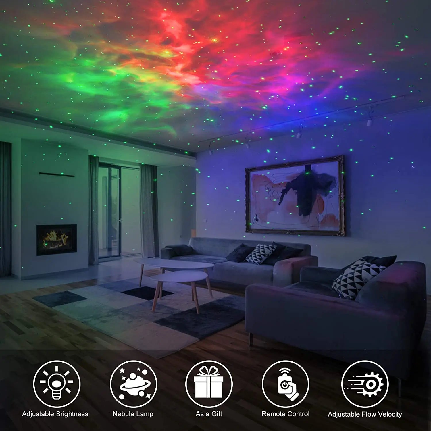 A modern living room illuminated by a Soulful Trading Galaxy Projector casting stars and a nebula-like glow on the ceiling and walls, with icons indicating lamp features below.