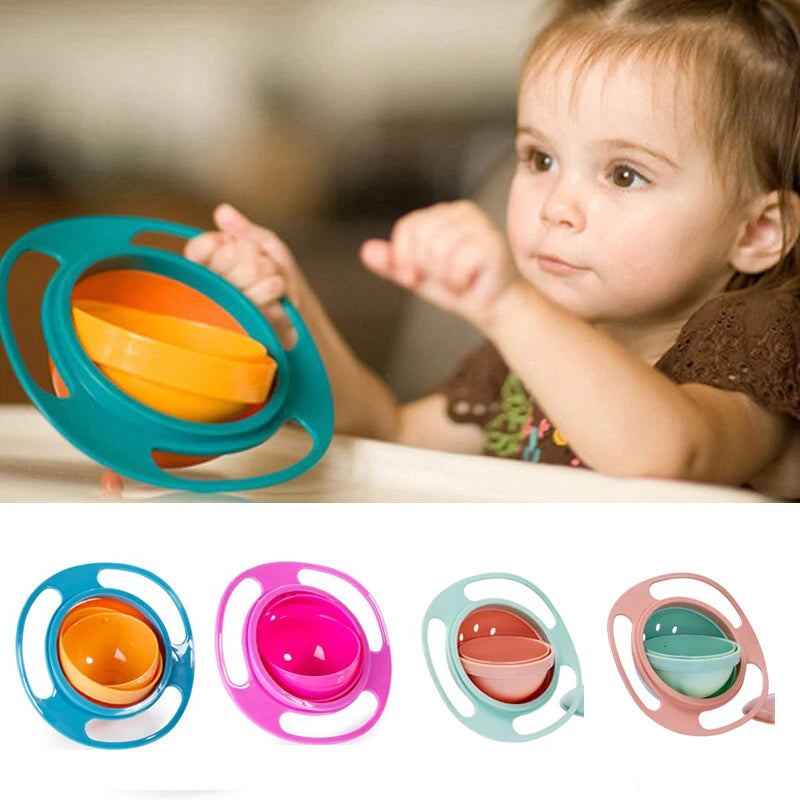 A toddler interacts with a Soulful Trading 360° Rotate Spill Proof Baby Bowl, shown in real use and as product options in blue, pink, and green.