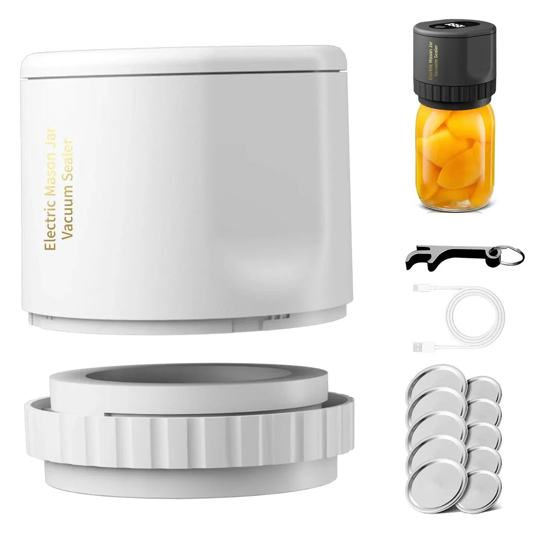 Soulful Trading Electric Mason Jar Vacuum Sealer with accessories including a bottle stopper, hose, caps, and a jar of preserved fruit to seal freshness.