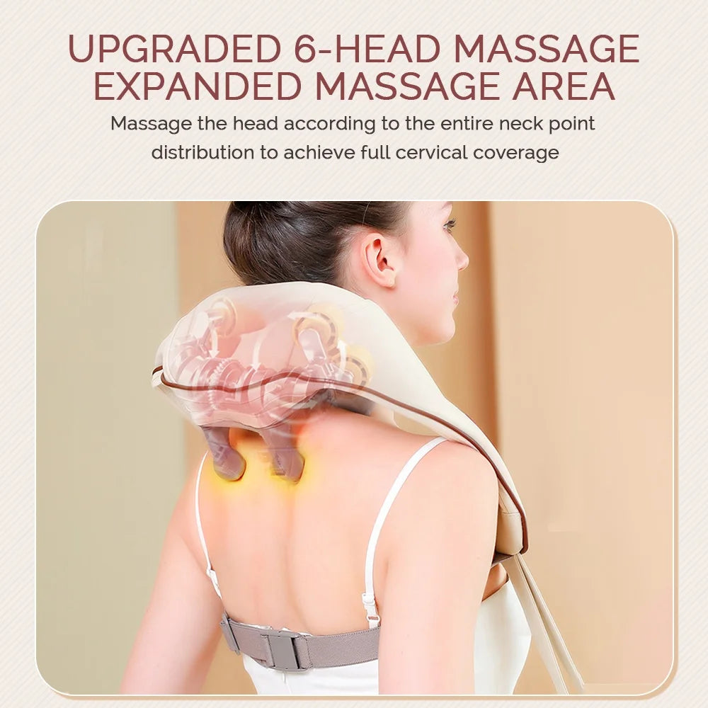 Person using a Soulful Trading Neck &amp; Shoulder Massager with six massage heads, demonstrating full cervical spine wellness coverage.