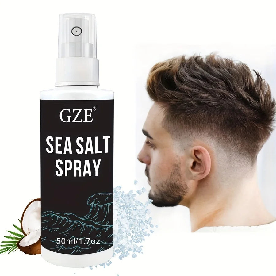 A bottle of Soulful Trading Sea Salt Spray for Men &amp; Women beachy texturizer next to a profile image of a man with a styled haircut, with sea waves and coconut graphic elements on a white background.