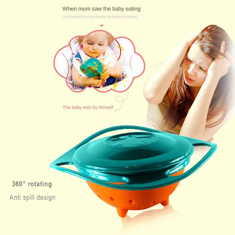 Illustration showing a Soulful Trading 360° Rotate Spill Proof Baby Bowl with anti-spill design, including examples of a baby eating and a woman reacting to a mess.