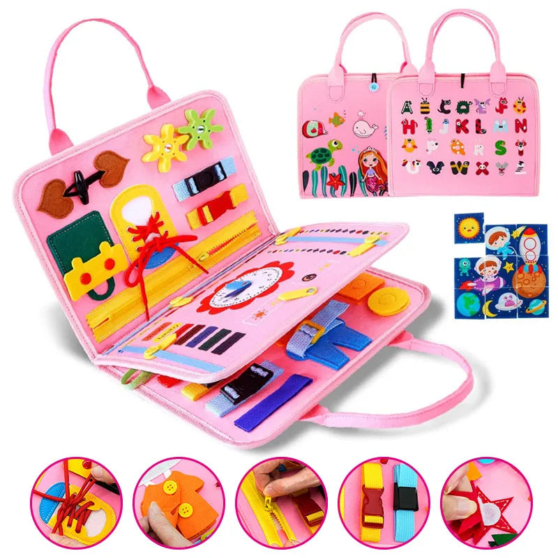A colorful children’s activity bag with educational toys including letters, numbers, a Soulful Trading Montessori Sensory Board, and shapes, shown from various angles and in use.