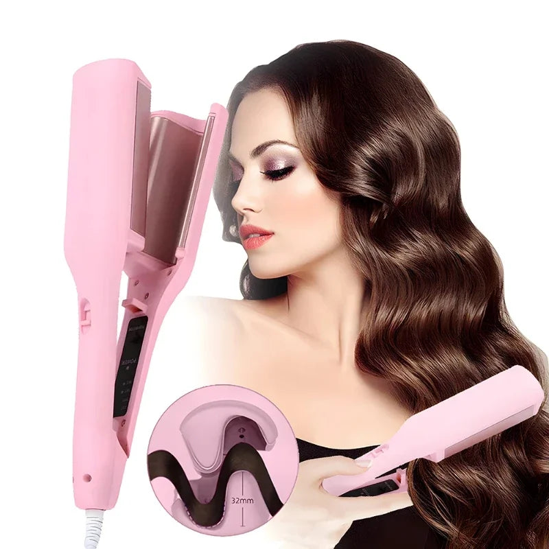 A woman with wavy hair using a pink, 32mm Soulful Trading Wave Hair Curling Iron.