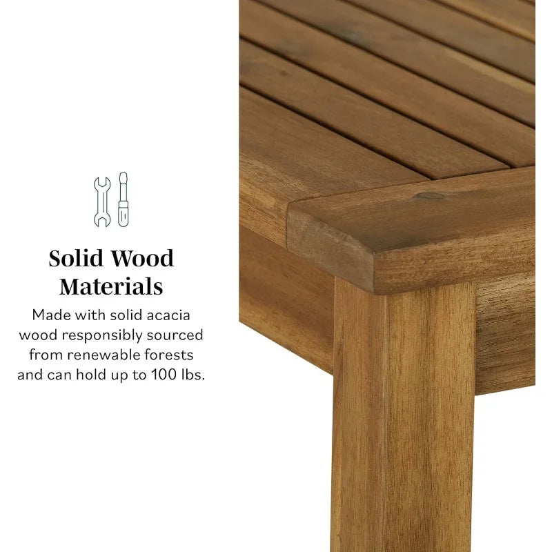 Close-up of a modern outdoor Crosswinds Patio Dining Table corner, highlighting its grain and construction. The text describes the material&