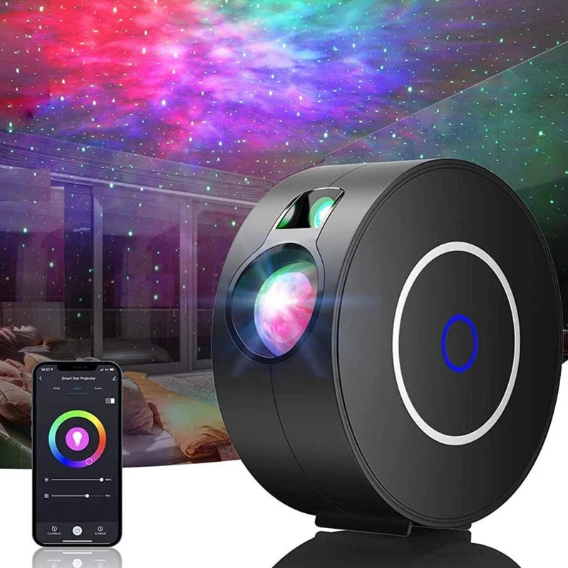 A Soulful Trading galaxy projector displaying colorful lights with a smartphone app on screen for control, placed in a dark room.