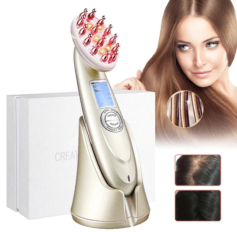 Hair Revive 30 Days Hair Growth laser device with LED lights displayed next to its box, alongside magnified images showing hair loss and hair growth before and after use.
